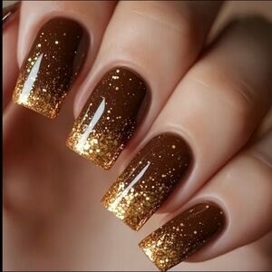 Brown Gradient Glitter Golden Edge Press-On Nails, Art nail